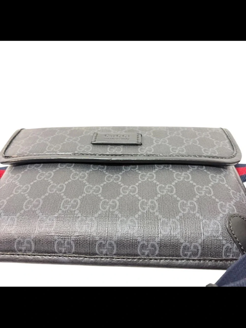 Gucci Black GG Supreme Canvas Belt Bag with Red and Blue Web Strap